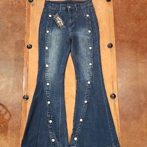 Crazy Train Dark Blue Flare Jeans with White Accents